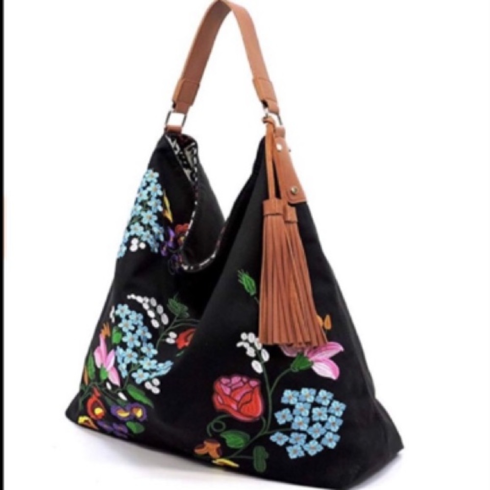 FLORAL EMBROIDERED HOBO BAG REVERSIBLE Large Shoulder Bag Tassel Black BOHO